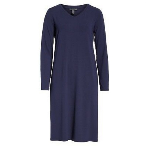 Eileen Fisher | Gray V Neck Viscose Jersey Dress - Picture 2 of 8